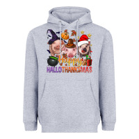 Heather Grey Happy Hallothanksmas Pigs Heavyweight Hoodie - NancyCooperArtShop