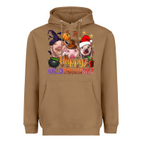 Toasted Coconut Happy Hallothanksmas Pigs Heavyweight Hoodie - NancyCooperArtShop