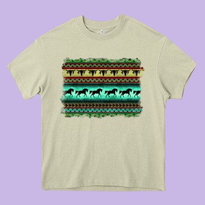 Turquoise Aztec Bullskull And Horse Heavy Core Tee Designed By Barkaloodesign