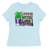 Baby Blue this witch needs coffee Ladies Tee - CowhideDigitalArt