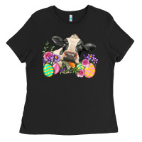 Black Happy Easter Cow Easter Day Ladies Tee - Neo Western