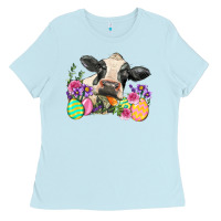 Baby Blue Happy Easter Cow Easter Day Ladies Tee - Neo Western