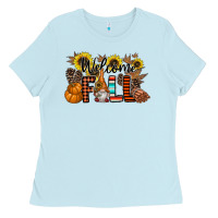 Baby Blue Welcome Fall Pumpkin Ladies Tee - CowhideDigitalArt