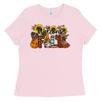 Bubblegum Pink Welcome Fall Pumpkin Ladies Tee - CowhideDigitalArt