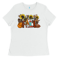 White Welcome Fall Pumpkin Ladies Tee - CowhideDigitalArt