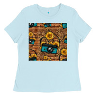 Baby Blue western sunflowers camera seamless pattern Ladies Tee - HRA Design Shop