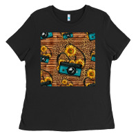 Black western sunflowers camera seamless pattern Ladies Tee - HRA Design Shop