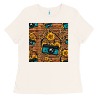 Bone western sunflowers camera seamless pattern Ladies Tee - HRA Design Shop