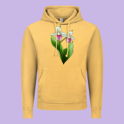 Pink And White Lady's Slipper Flower Illustrations Vintage Hoodie Designed By Lillyallendesigns