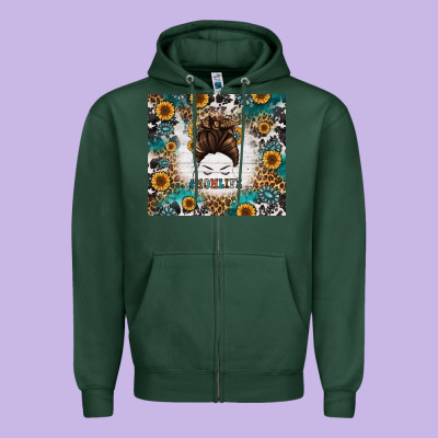 Mom Life Messy Bun Western Zipper Hoodie Designed By Jasminsmagicworld