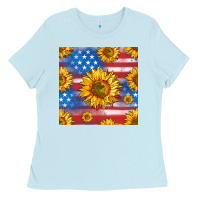 Baby Blue sunflowers american flag seamless pattern Ladies Tee - HRA Design Shop