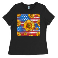 Black sunflowers american flag seamless pattern Ladies Tee - HRA Design Shop