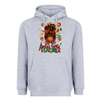 Santa's Favorite Teacher Afro Messy Bun Heavyweight Hoodie | Teevron