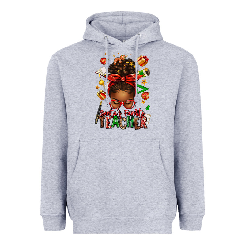 Santa's Favorite Teacher Afro Messy Bun Heavyweight Hoodie by texasbilliewilder | Teevron