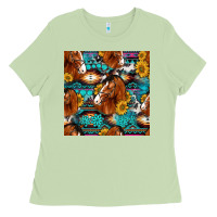 Matcha sunflower horses seamless pattern Ladies Tee - HRA Design Shop