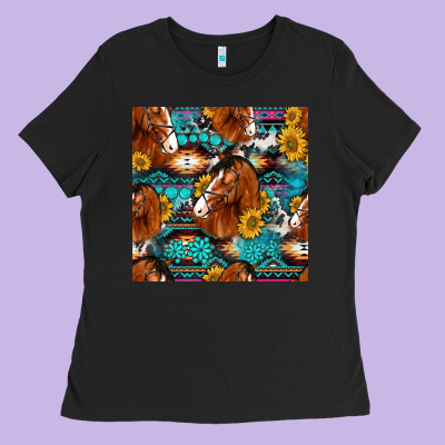 Sunflower Horses Seamless Pattern Ladies Tee Designed By Hra Design Shop