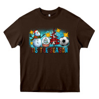 Chocolate Brown Tis The Season Christmas With Soccer Ball And Snowman Heavy Core Tee - FaDigitalArtStudio