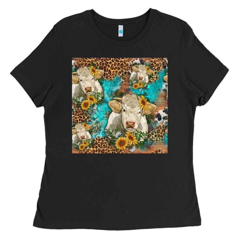 Sunflowers Charolais Cow Seamless Pattern Ladies Tee by HRA Design Shop | Teevron