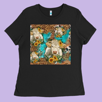 Sunflowers Charolais Cow Seamless Pattern Ladies Tee Designed By Hra Design Shop