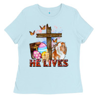 Baby Blue He lives Easter Day Ladies Tee - CowGirlArtShop