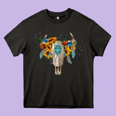 Boho Bull Skull Heavy Core Tee Designed By Barkaloodesign