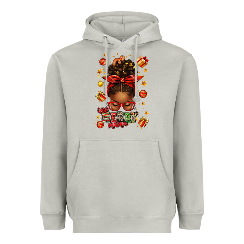One Merry Mama Christmas Afro Messy Bun Heavyweight Hoodie by texasbilliewilder | Teevron
