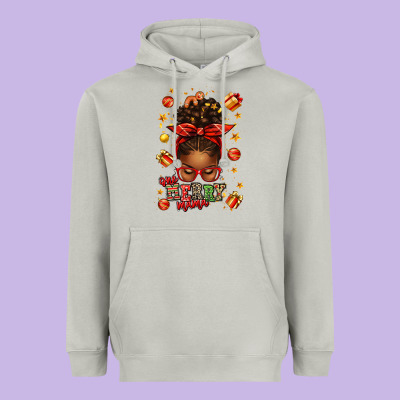 One Merry Mama Christmas Afro Messy Bun Heavyweight Hoodie Designed By Texasbilliewilder