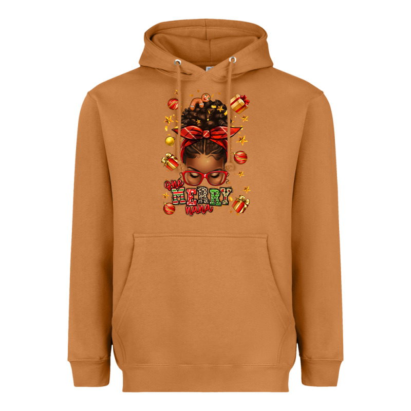 One Merry Nana Christmas Afro Messy Bun Heavyweight Hoodie by texasbilliewilder | Teevron