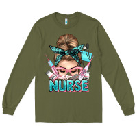 Army Green nurse life messy bun Long Sleeve Tee - NancyCooperArtShop