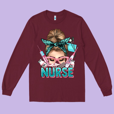 Nurse Life Messy Bun Long Sleeve Tee Designed By Nancycooperartshop