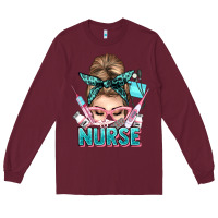 Burgundy nurse life messy bun Long Sleeve Tee - NancyCooperArtShop