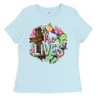 Baby Blue He lives Easter with flowers Ladies Tee - Neo Western
