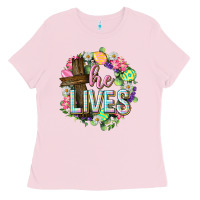 Bubblegum Pink He lives Easter with flowers Ladies Tee - Neo Western