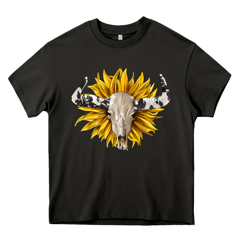 Cowhide Bull Skull And Sunflower Heavy Core Tee by BarkalooDesign | Teevron