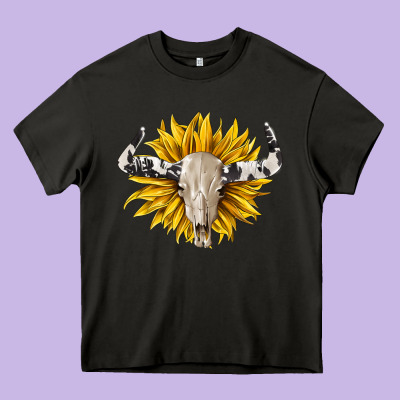 Cowhide Bull Skull And Sunflower Heavy Core Tee Designed By Barkaloodesign