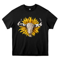 Black cowhide bull skull and sunflower Heavy Core Tee - BarkalooDesign