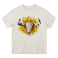 Cream cowhide bull skull and sunflower Heavy Core Tee - BarkalooDesign