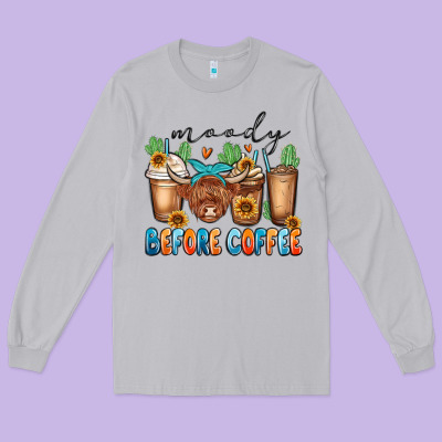 Moody Before Coffee Long Sleeve Tee Designed By Maliassmallbusiness