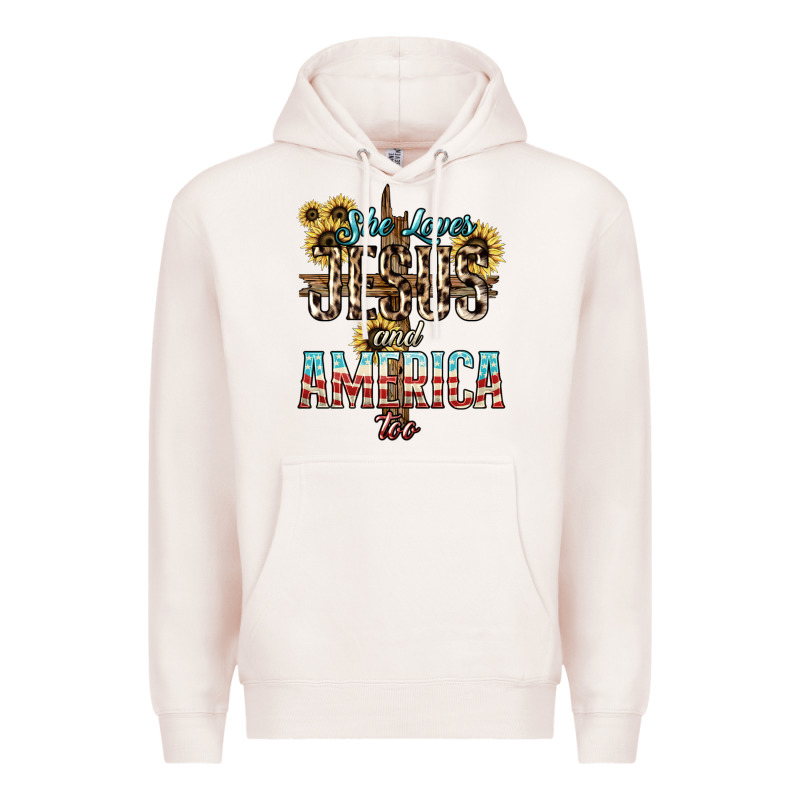 She Loves Jesus And America Too Sunflower Premium Hoodie by HowdyJamesFarm | Teevron