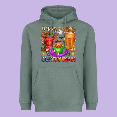 Happy Hallothanksmas Coffee Cups Heavyweight Hoodie Designed By Texasbilliewilder