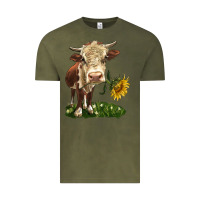 Vintage Olive hereford heifer with sunflower Vintage Tee - LillyAllenDesigns