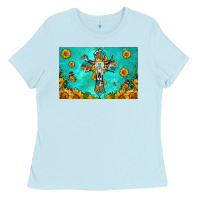 Baby Blue bull skull cross skinny metal can holder Ladies Tee - HRA Design Shop