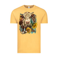 Vintage Mustard Hereford heifer with sunflower and leopard Vintage Tee - LillyAllenDesigns