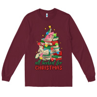 Burgundy christmas book tree Long Sleeve Tee - MaliasSmallBusiness
