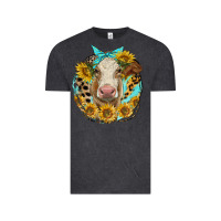 Vintage Black simmental heifer with sunflowers and leopard Vintage Tee - LillyAllenDesigns