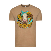 Vintage Coffee simmental heifer with sunflowers and leopard Vintage Tee - LillyAllenDesigns