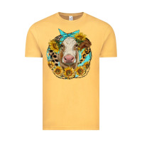 Vintage Mustard simmental heifer with sunflowers and leopard Vintage Tee - LillyAllenDesigns