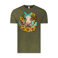 Vintage Olive simmental heifer with sunflowers and leopard Vintage Tee - LillyAllenDesigns