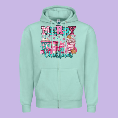 Merry Christmas Pink Coffee Cups Zipper Hoodie Designed By Jasminsmagicworld