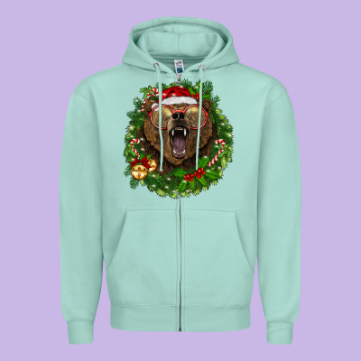 Christmas Bear  Wreath Zipper Hoodie Designed By Barkaloodesign
